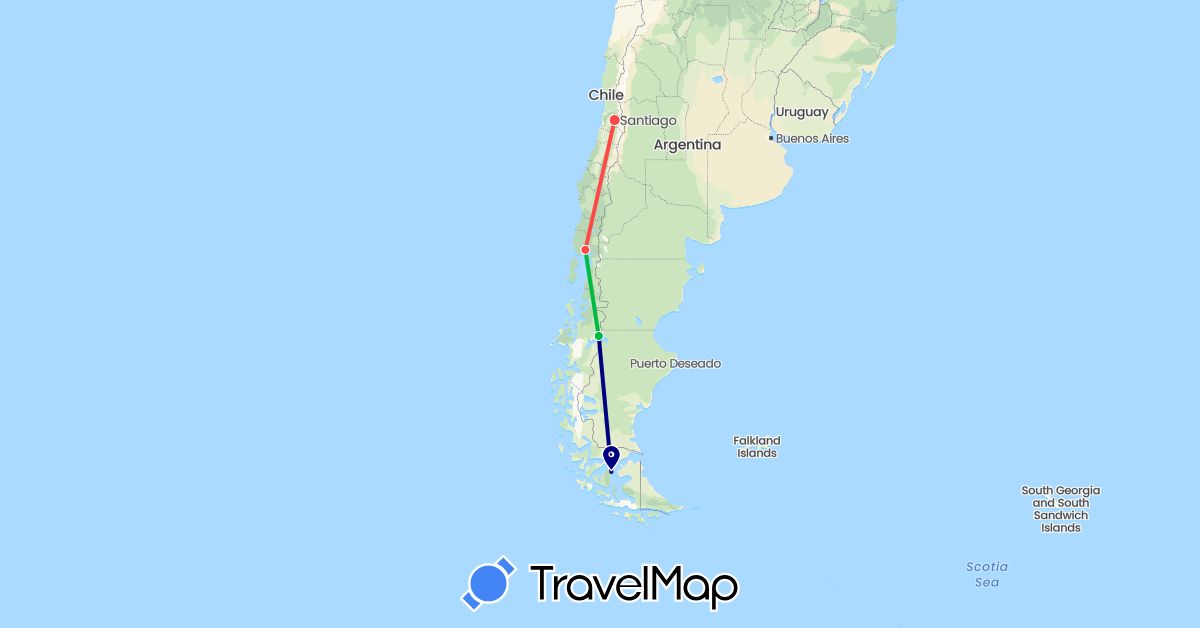 TravelMap itinerary: driving, bus, hiking in Argentina, Chile (South America)